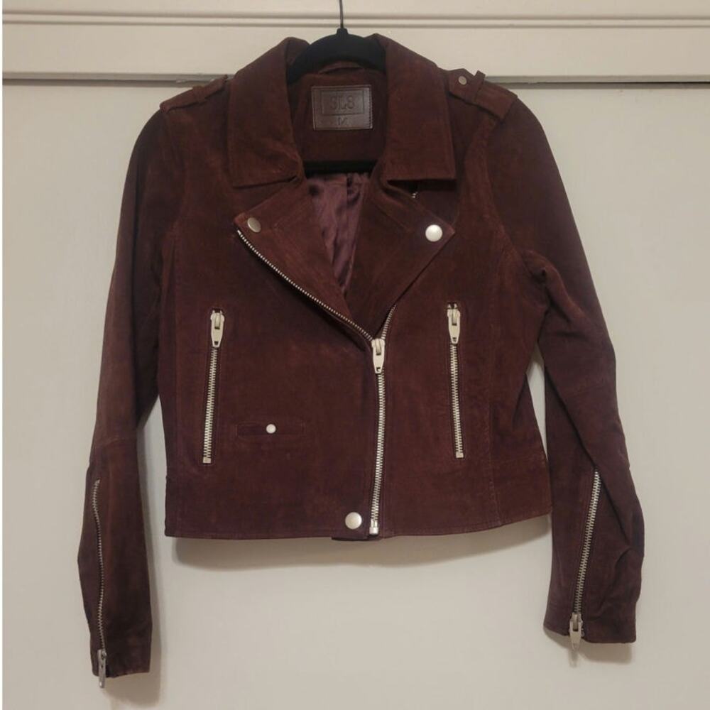 SL8 Aubergine Distressed Suede Leather Moto Jacket Women’s Medium Cropped Biker